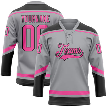 Custom Gray Pink-Black Hockey Lace Neck Jersey