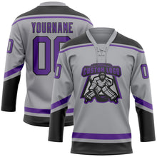 Load image into Gallery viewer, Custom Gray Purple-Black Hockey Lace Neck Jersey
