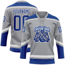 Load image into Gallery viewer, Custom Gray Royal-White Hockey Lace Neck Jersey
