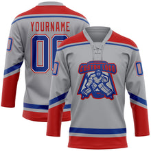Load image into Gallery viewer, Custom Gray Royal-Red Hockey Lace Neck Jersey
