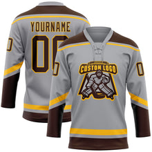 Load image into Gallery viewer, Custom Gray Brown-Gold Hockey Lace Neck Jersey
