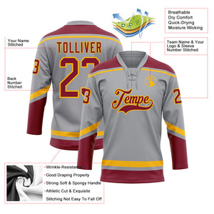 Custom Gray Crimson-Gold Hockey Lace Neck Jersey