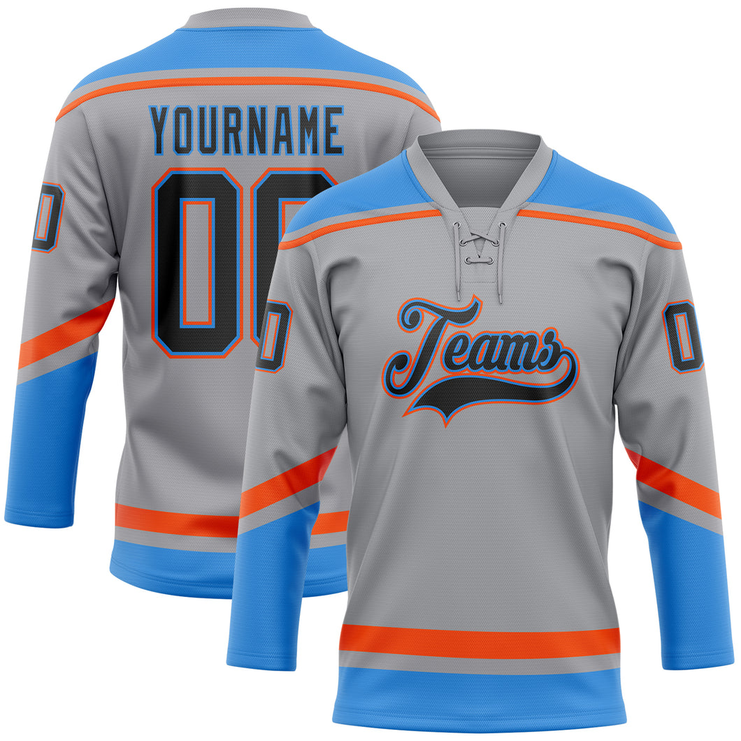 Custom Gray Black Electric Blue-Orange Hockey Lace Neck Jersey