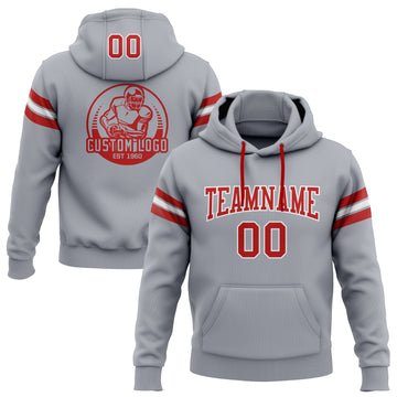 Custom Stitched Gray Red-White Football Pullover Sweatshirt Hoodie