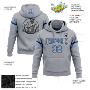 Custom Stitched Gray Light Blue-Black Football Pullover Sweatshirt Hoodie