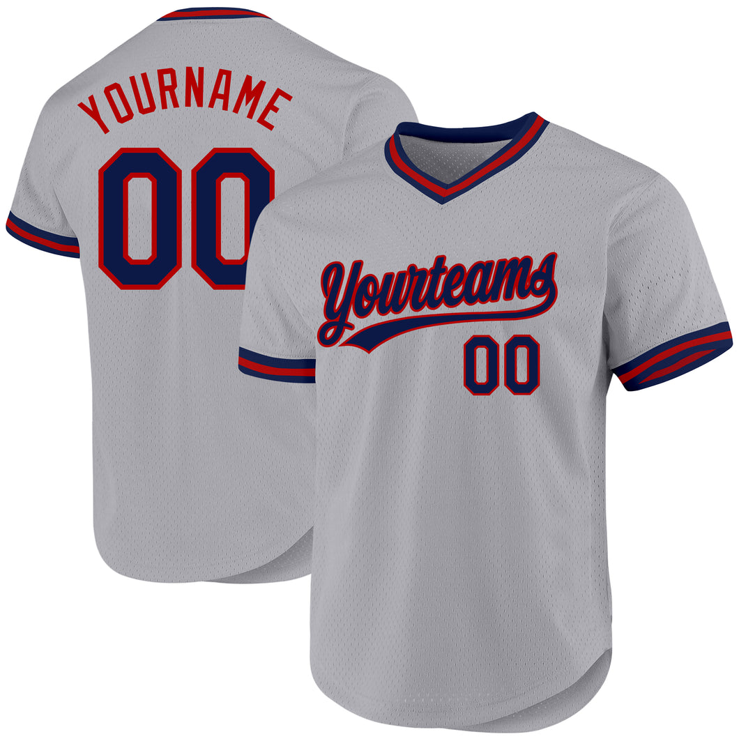 Custom Gray Navy-Red Authentic Throwback Baseball Jersey