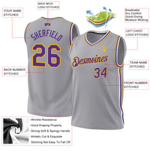 Load image into Gallery viewer, Custom Gray Purple-Gold Authentic Throwback Basketball Jersey

