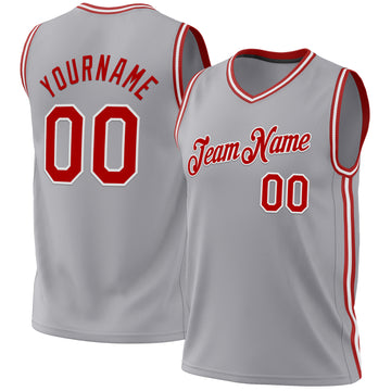 Custom Gray Red-White Authentic Throwback Basketball Jersey