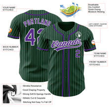 Load image into Gallery viewer, Custom Green White Pinstripe Purple Authentic Baseball Jersey
