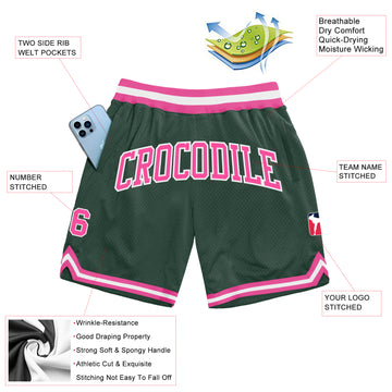 Custom Hunter Green Pink-White Authentic Throwback Basketball Shorts