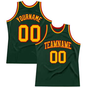 Custom Hunter Green Gold-Red Authentic Throwback Basketball Jersey