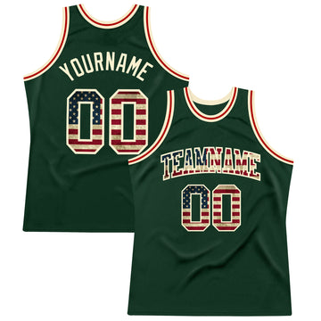 Custom Hunter Green Vintage USA Flag-Cream Authentic Throwback Basketball Jersey