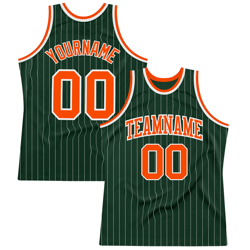 Custom Hunter Green White Pinstripe Orange Authentic Basketball Jersey