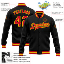 Load image into Gallery viewer, Custom Black Red-Gold Bomber Full-Snap Varsity Letterman Jacket
