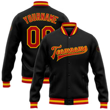 Load image into Gallery viewer, Custom Black Red-Gold Bomber Full-Snap Varsity Letterman Jacket
