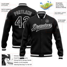 Load image into Gallery viewer, Custom Black Black-White Bomber Full-Snap Varsity Letterman Jacket
