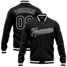 Load image into Gallery viewer, Custom Black Black-White Bomber Full-Snap Varsity Letterman Jacket
