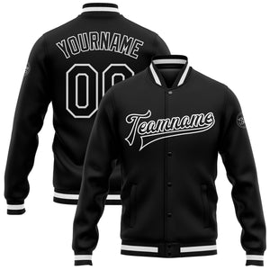 Custom Black Black-White Bomber Full-Snap Varsity Letterman Jacket