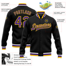 Load image into Gallery viewer, Custom Black Purple-Gold Bomber Full-Snap Varsity Letterman Jacket
