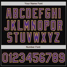 Load image into Gallery viewer, Custom Black Purple-Gold Bomber Full-Snap Varsity Letterman Jacket
