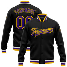 Load image into Gallery viewer, Custom Black Purple-Gold Bomber Full-Snap Varsity Letterman Jacket
