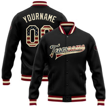 Load image into Gallery viewer, Custom Black Vintage USA Flag-Cream Bomber Full-Snap Varsity Letterman Jacket
