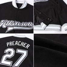 Load image into Gallery viewer, Custom Black White-Gray Bomber Full-Snap Varsity Letterman Jacket
