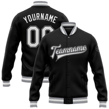 Load image into Gallery viewer, Custom Black White-Gray Bomber Full-Snap Varsity Letterman Jacket
