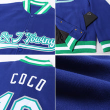 Load image into Gallery viewer, Custom Royal White Kelly Green-Gray Bomber Full-Snap Varsity Letterman Jacket
