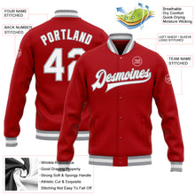 Load image into Gallery viewer, Custom Red White-Gray Bomber Full-Snap Varsity Letterman Jacket
