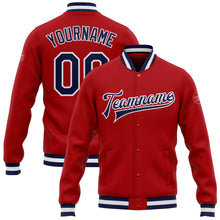 Load image into Gallery viewer, Custom Red Navy-White Bomber Full-Snap Varsity Letterman Jacket
