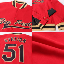 Load image into Gallery viewer, Custom Red Black-Old Gold Bomber Full-Snap Varsity Letterman Jacket
