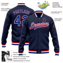 Load image into Gallery viewer, Custom Navy Royal-Red Bomber Full-Snap Varsity Letterman Jacket

