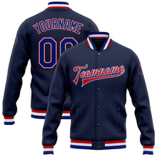 Load image into Gallery viewer, Custom Navy Royal-Red Bomber Full-Snap Varsity Letterman Jacket
