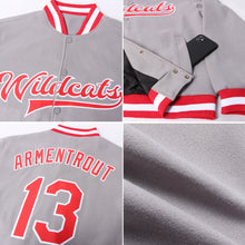 Load image into Gallery viewer, Custom Gray Red-White Bomber Full-Snap Varsity Letterman Jacket
