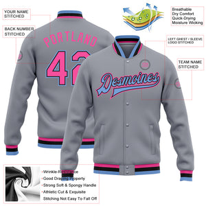 Custom Gray Pink Black-Light Blue Bomber Full-Snap Varsity Letterman Jacket