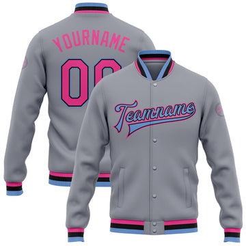 Custom Gray Pink Black-Light Blue Bomber Full-Snap Varsity Letterman Jacket