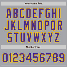 Load image into Gallery viewer, Custom Gray Purple-Gold Bomber Full-Snap Varsity Letterman Jacket
