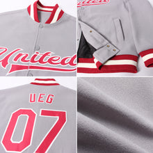 Load image into Gallery viewer, Custom Gray Maroon-Cream Bomber Full-Snap Varsity Letterman Jacket
