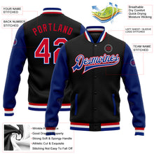 Load image into Gallery viewer, Custom Black Red-Royal Bomber Full-Snap Varsity Letterman Two Tone Jacket
