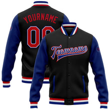 Load image into Gallery viewer, Custom Black Red-Royal Bomber Full-Snap Varsity Letterman Two Tone Jacket
