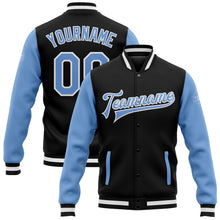 Load image into Gallery viewer, Custom Black Light Blue-White Bomber Full-Snap Varsity Letterman Two Tone Jacket
