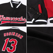 Load image into Gallery viewer, Custom Black Crimson-White Bomber Full-Snap Varsity Letterman Two Tone Jacket
