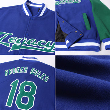 Custom Royal Kelly Green-White Bomber Full-Snap Varsity Letterman Two Tone Jacket