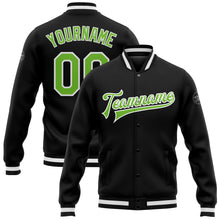 Load image into Gallery viewer, Custom Black Neon Green-White Bomber Full-Snap Varsity Letterman Jacket
