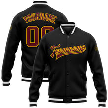 Load image into Gallery viewer, Custom Black Burgundy-Gold Bomber Full-Snap Varsity Letterman Jacket
