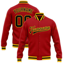 Load image into Gallery viewer, Custom Red Black-Gold Bomber Full-Snap Varsity Letterman Jacket
