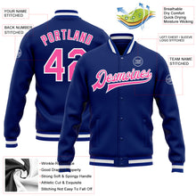 Load image into Gallery viewer, Custom Royal Pink-White Bomber Full-Snap Varsity Letterman Jacket
