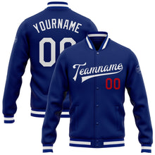 Load image into Gallery viewer, Custom Royal White-Red Bomber Full-Snap Varsity Letterman Jacket
