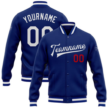 Custom Royal White-Red Bomber Full-Snap Varsity Letterman Jacket